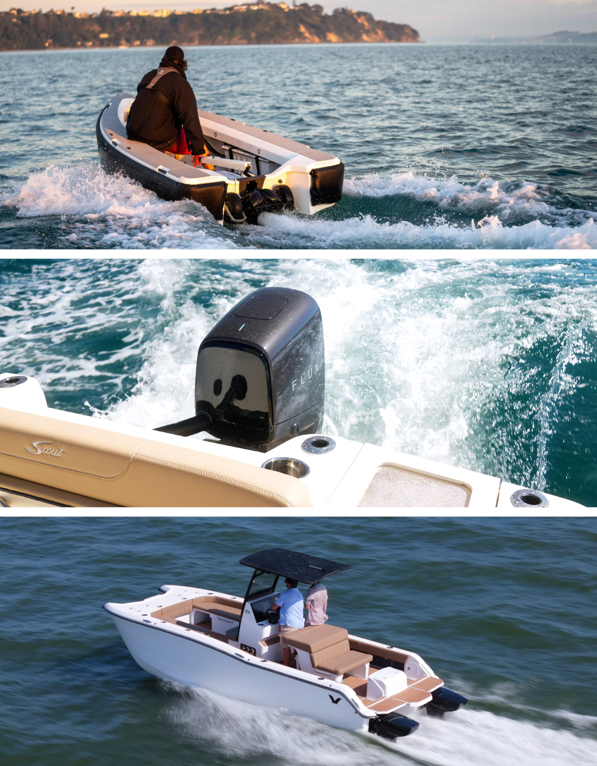 Three electric boats top to bottom ZeroJet OCT Flux Marine outboard and Volare Artemis23